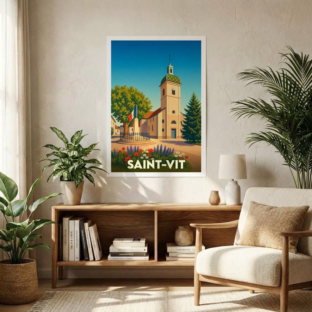 Affiche souvenir de la ville de Saint-Vit avec une illustration stylisée de son église et de sa place.