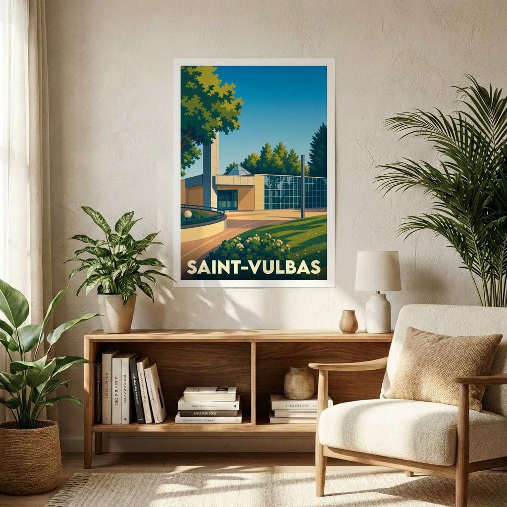 Affiche souvenir de la ville de Saint-Vulbas avec une illustration stylisée d'un bâtiment moderne sous un ciel bleu.