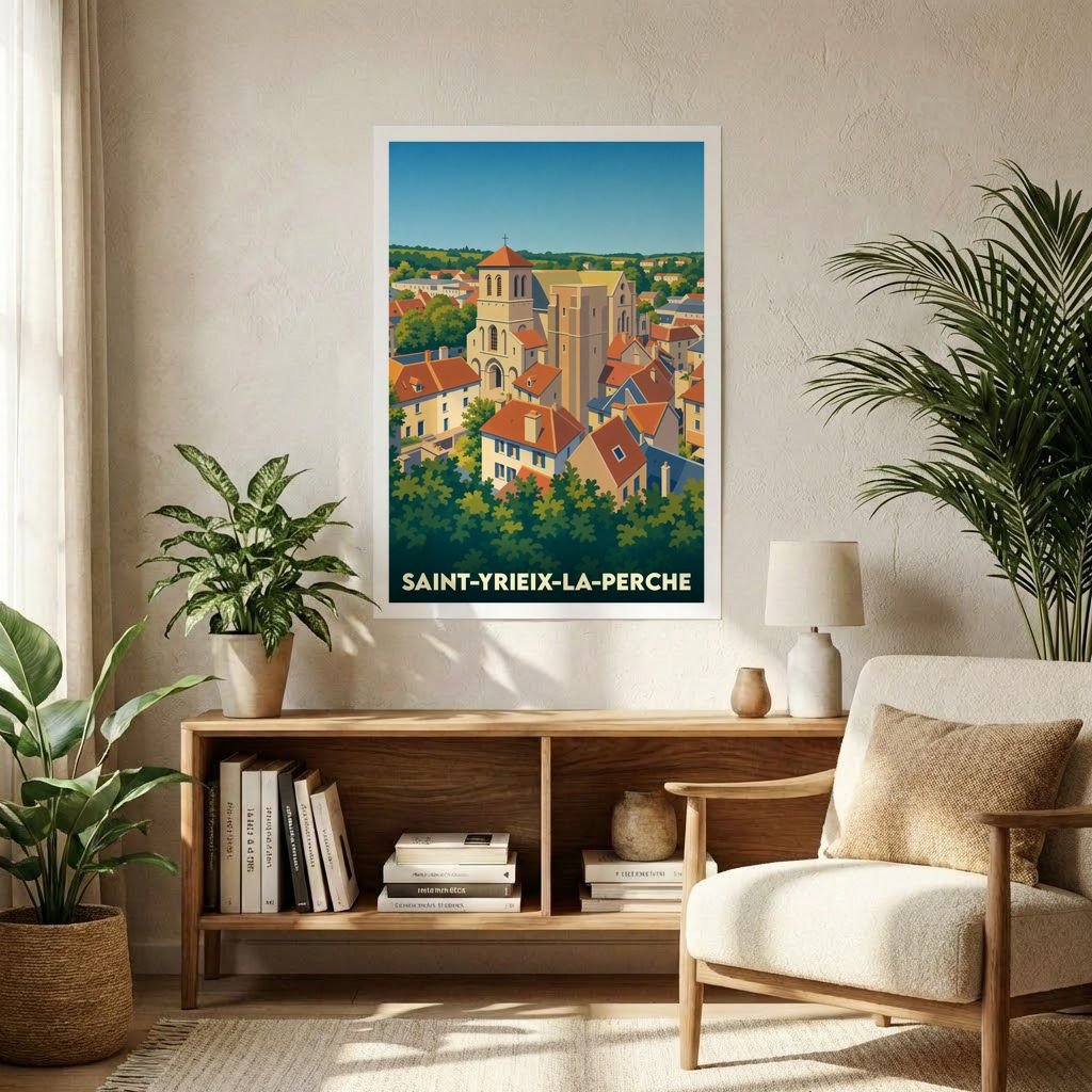 Affiche souvenir de la ville de Saint-Yrieix-la-Perche avec une illustration stylisée de son église et de ses toits.