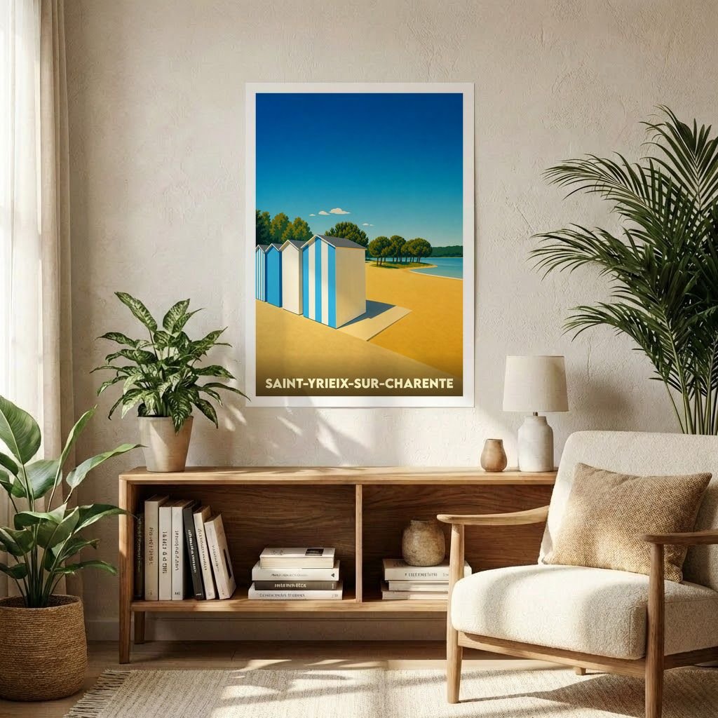 Affiche souvenir de la ville de Saint-Yrieix-sur-Charente illustrant des cabines de plage stylisées au bord d'un lac.