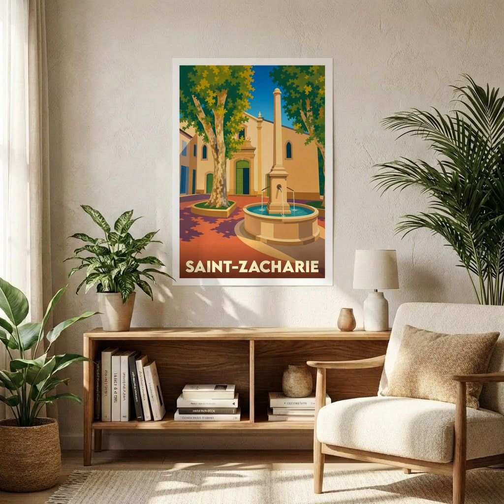 Affiche souvenir de la ville de Saint-Zacharie avec une illustration stylisée d'une place ensoleillée et sa fontaine.
