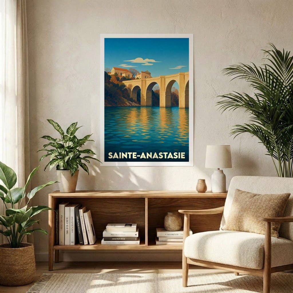 Affiche souvenir de la ville de Sainte-Anastasie présentant une illustration stylisée d'un pont en pierre se reflétant dans l'eau.