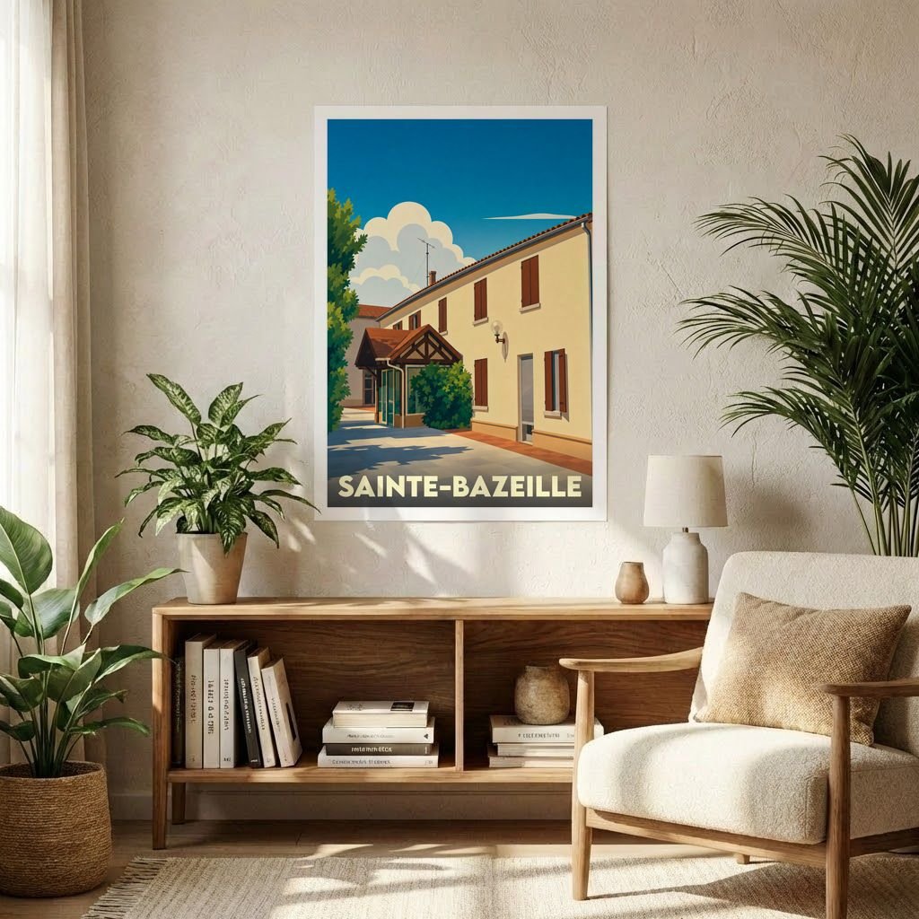 Affiche souvenir de la ville de Sainte-Bazeille présentant une illustration stylisée et colorée de l'architecture locale sous un ciel bleu.