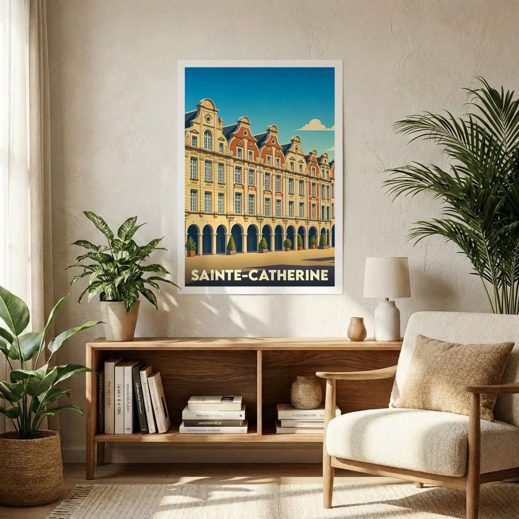 Affiche souvenir de la ville de Sainte-Catherine avec une illustration stylisée d'un bâtiment historique à arcades.