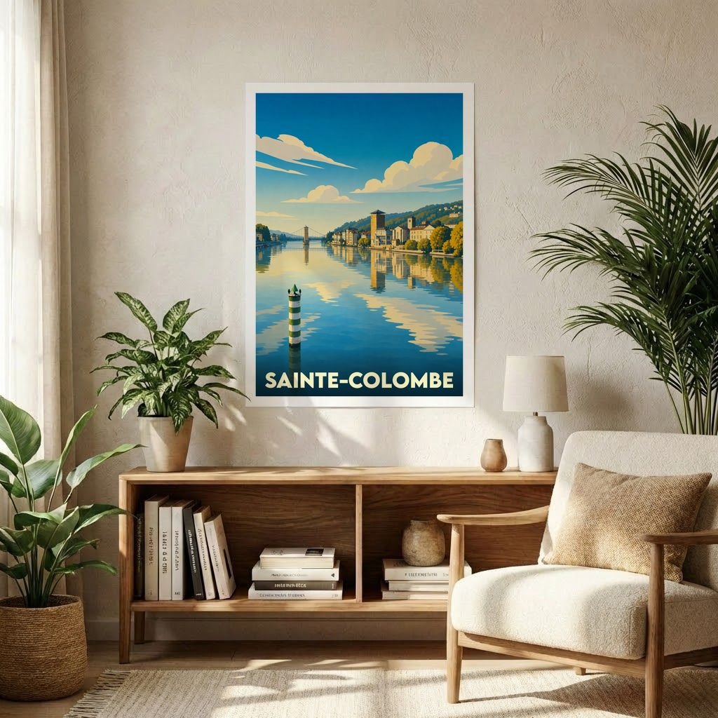 Affiche souvenir de la ville de Sainte-Colombe présentant une illustration stylisée des bords du Rhône.