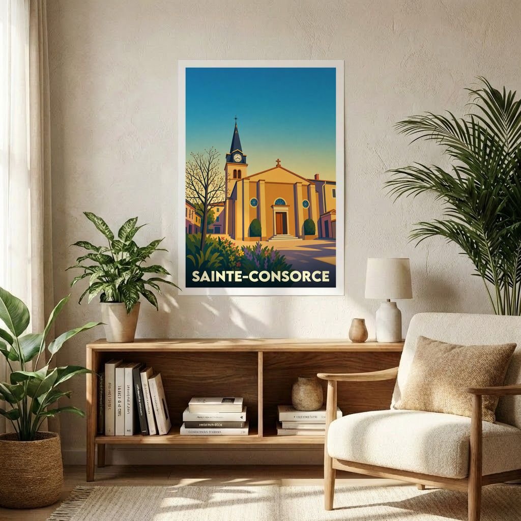 Affiche souvenir de la ville de Sainte-Consorce avec une illustration stylisée de son église sous un ciel de fin de journée.