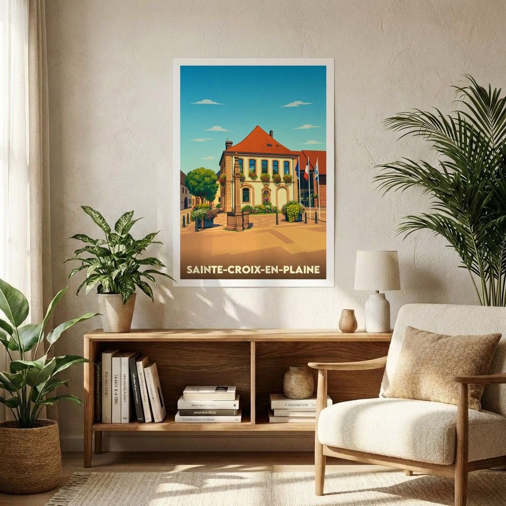 Affiche souvenir de la ville de Sainte-Croix-en-Plaine avec une illustration stylisée de sa place principale.