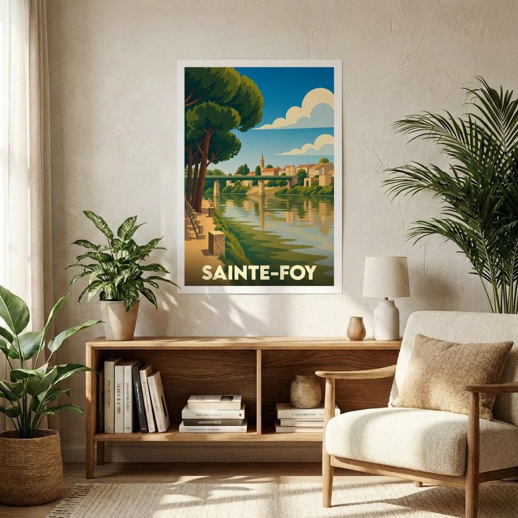 Affiche souvenir de la ville de Sainte-Foy présentant une illustration stylisée des bords de rivière.