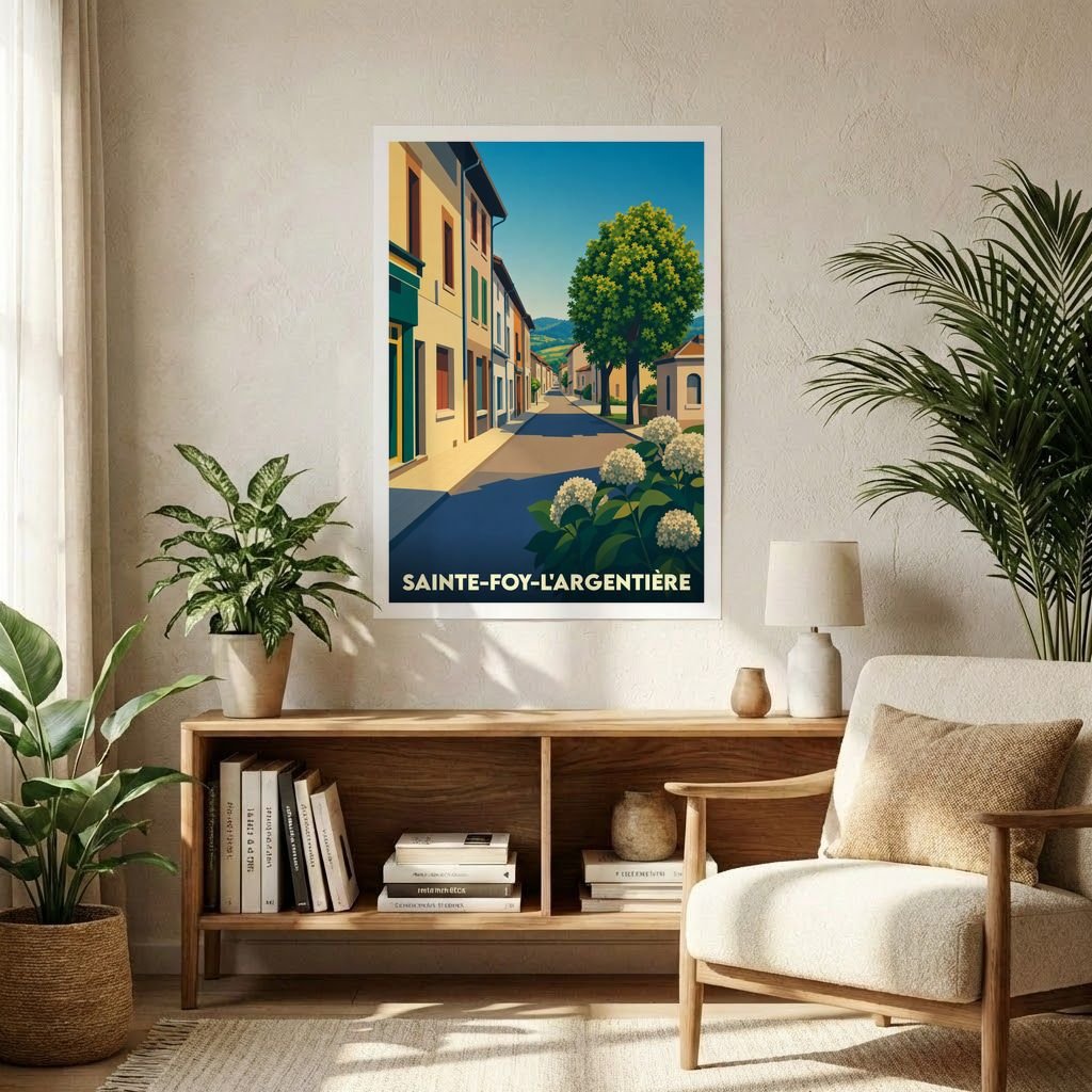 Affiche souvenir de la ville de Sainte-Foy-l'Argentière avec une illustration stylisée.