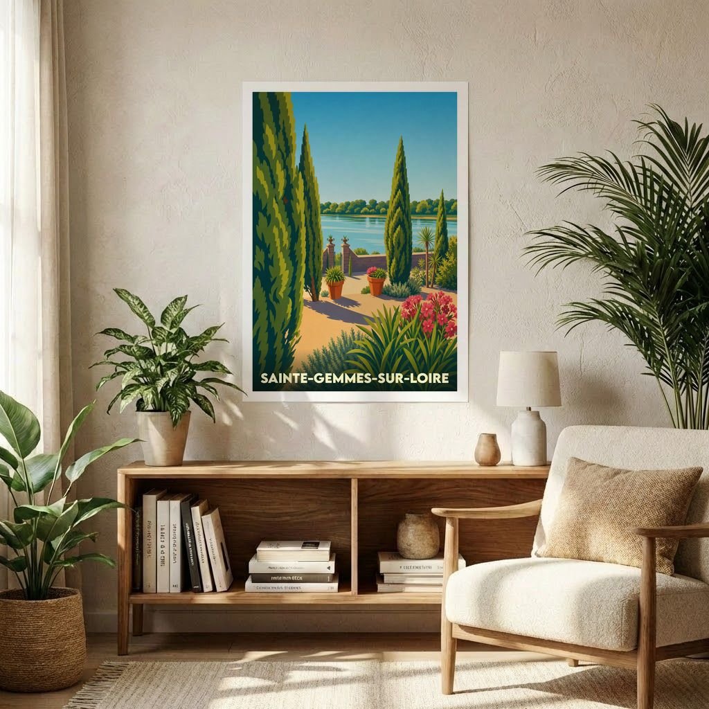 Affiche souvenir de la ville de Sainte-Gemmes-sur-Loire illustrant un paysage de jardin bordant la Loire.