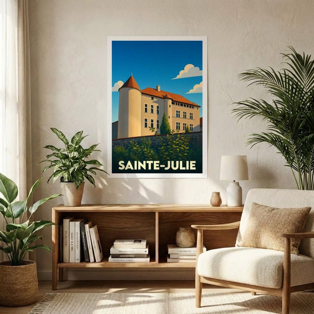 Affiche souvenir de la ville de Sainte-Julie avec une illustration stylisée d'un château.