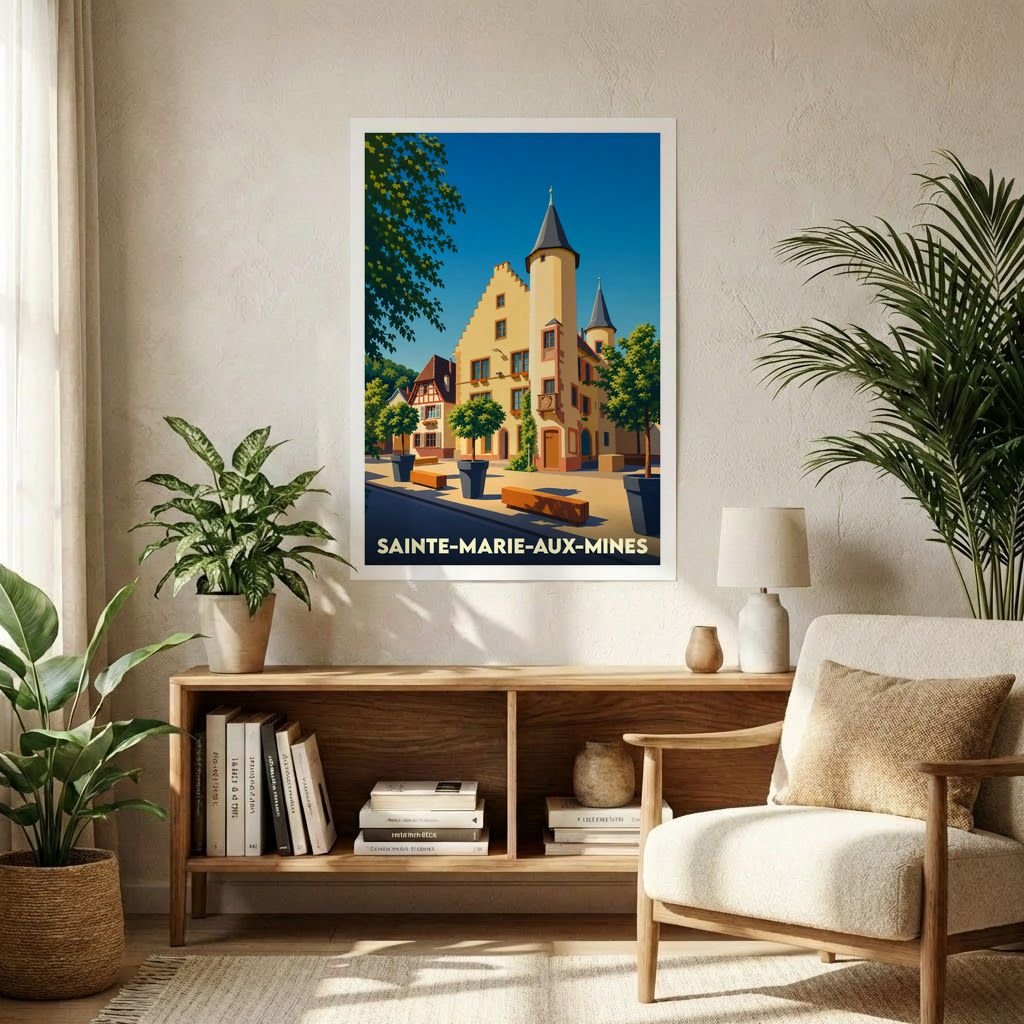 Affiche souvenir de la ville de Sainte-Marie-aux-Mines avec une illustration stylisée de son architecture traditionnelle.