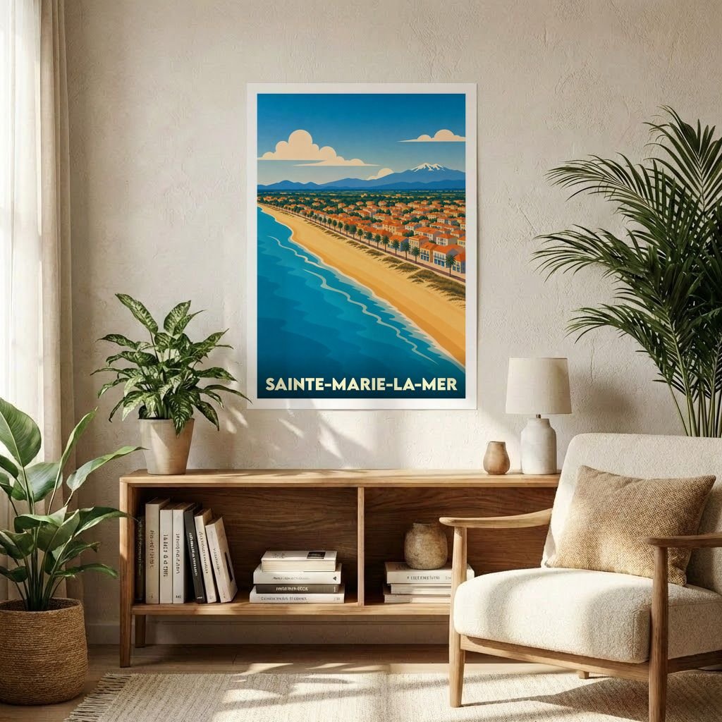 Affiche souvenir de la ville de Sainte-Marie-la-Mer avec une illustration stylisée du littoral.