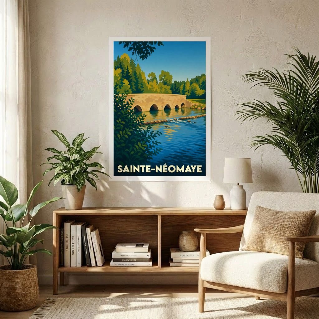Affiche souvenir de la ville de Sainte-Néomaye avec une illustration stylisée d'un pont de pierre au-dessus de l'eau.