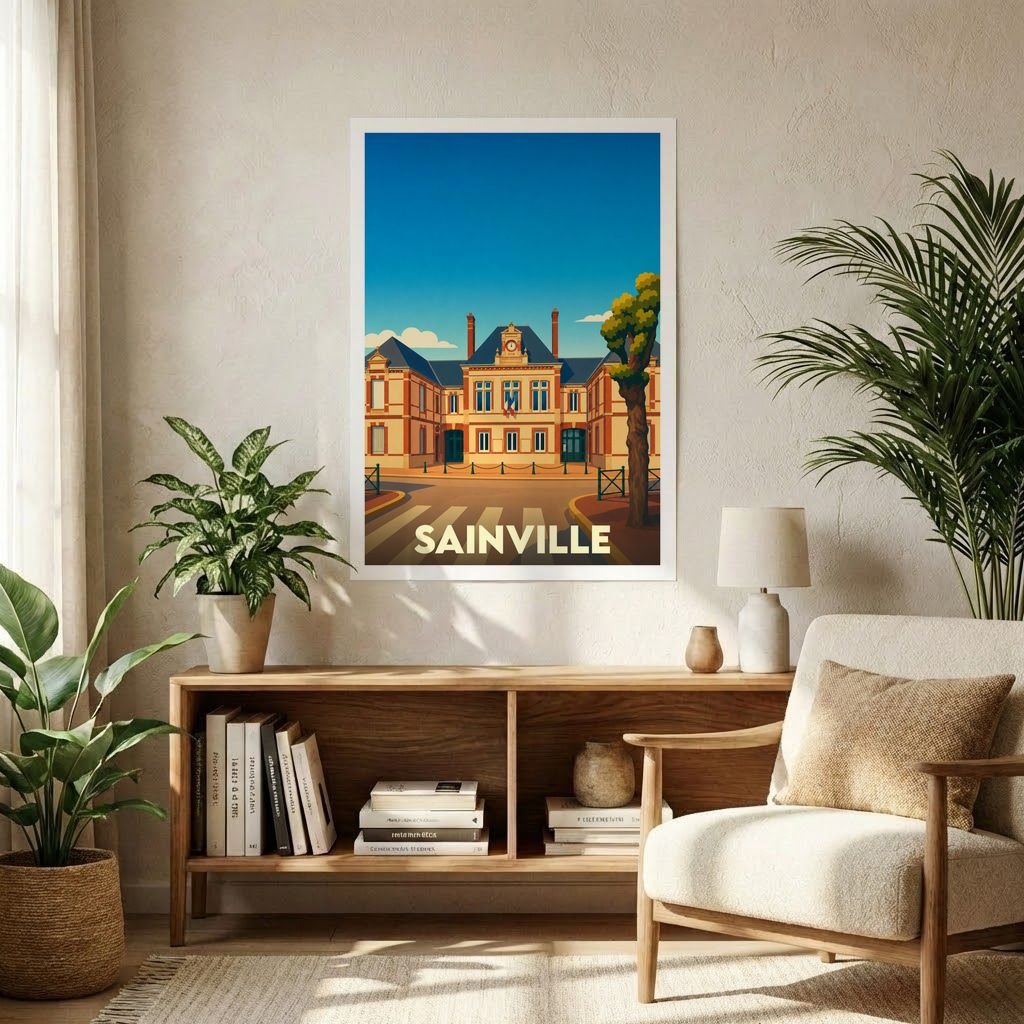Affiche souvenir de la ville de Sainville représentant une illustration stylisée de son architecture.
