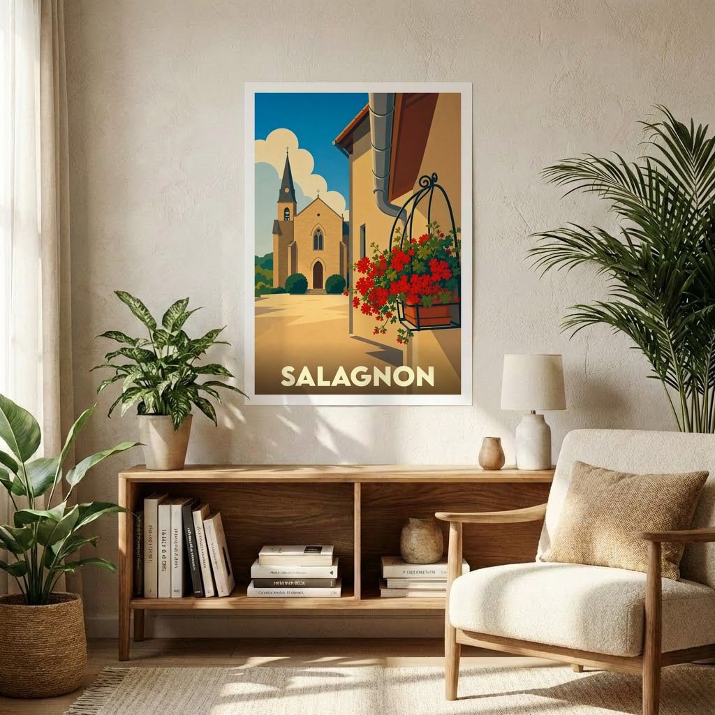 Affiche souvenir de la ville de Salagnon avec une illustration stylisée d'une église et de fleurs.