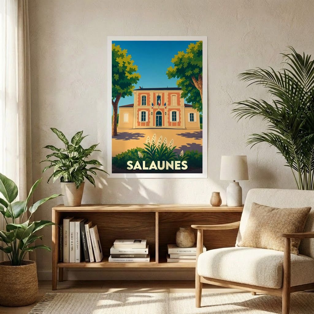 Affiche souvenir de la ville de Salaunes illustrant son hôtel de ville dans un style rétro et coloré.