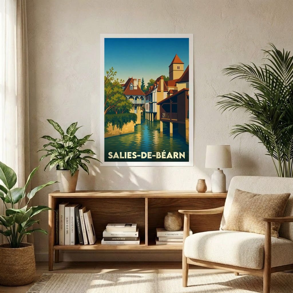 Affiche souvenir de la ville de Salies-de-Béarn avec une illustration stylisée de ses maisons sur pilotis au bord de l'eau.