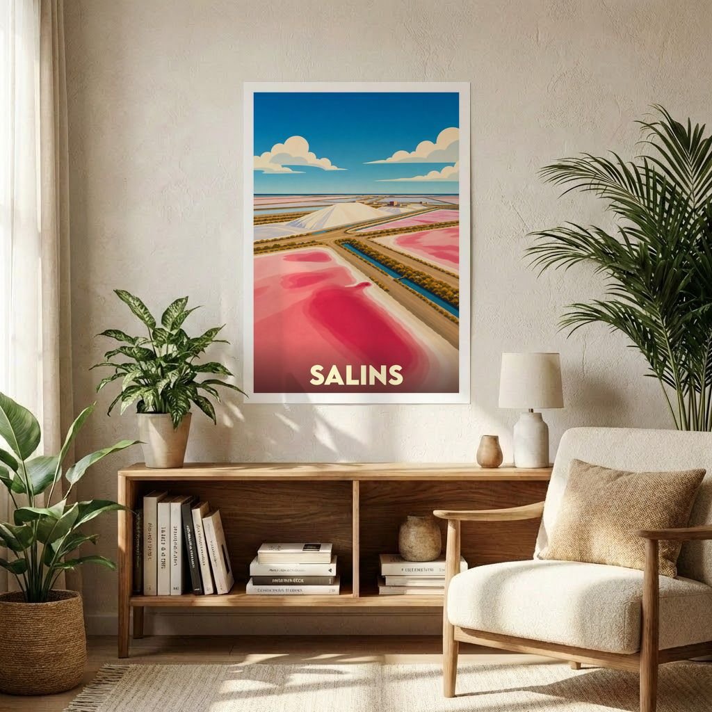 Affiche souvenir de la ville de Salins illustrant des salines roses sous un ciel bleu.