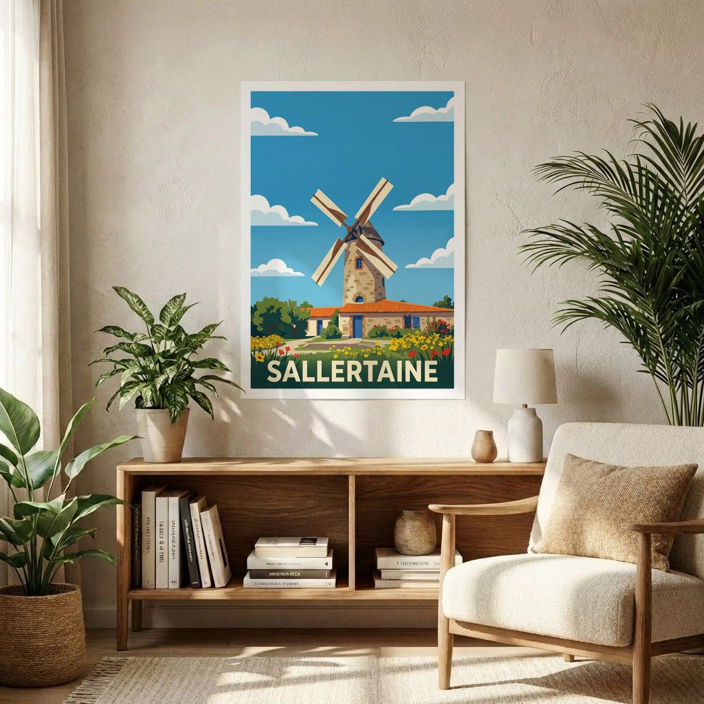 Affiche souvenir de la ville de Sallertaine avec une illustration stylisée d'un moulin.
