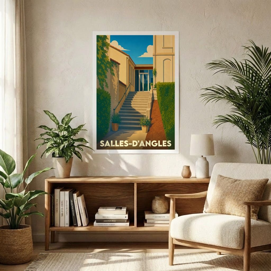 Affiche souvenir de la ville de Salles-d'Angles avec une illustration stylisée d'un escalier sous un ciel ensoleillé.