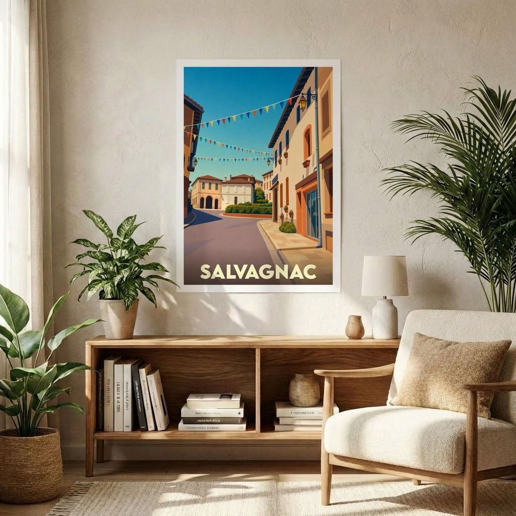Affiche souvenir de la ville de Salvagnac avec une illustration stylisée d'une rue ensoleillée et décorée.