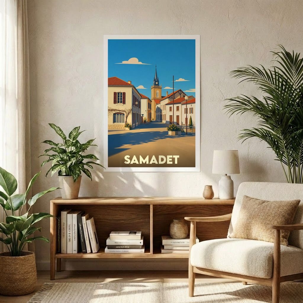 Affiche souvenir grand format de la ville de Samadet avec une illustration stylisée d'une rue ensoleillée.