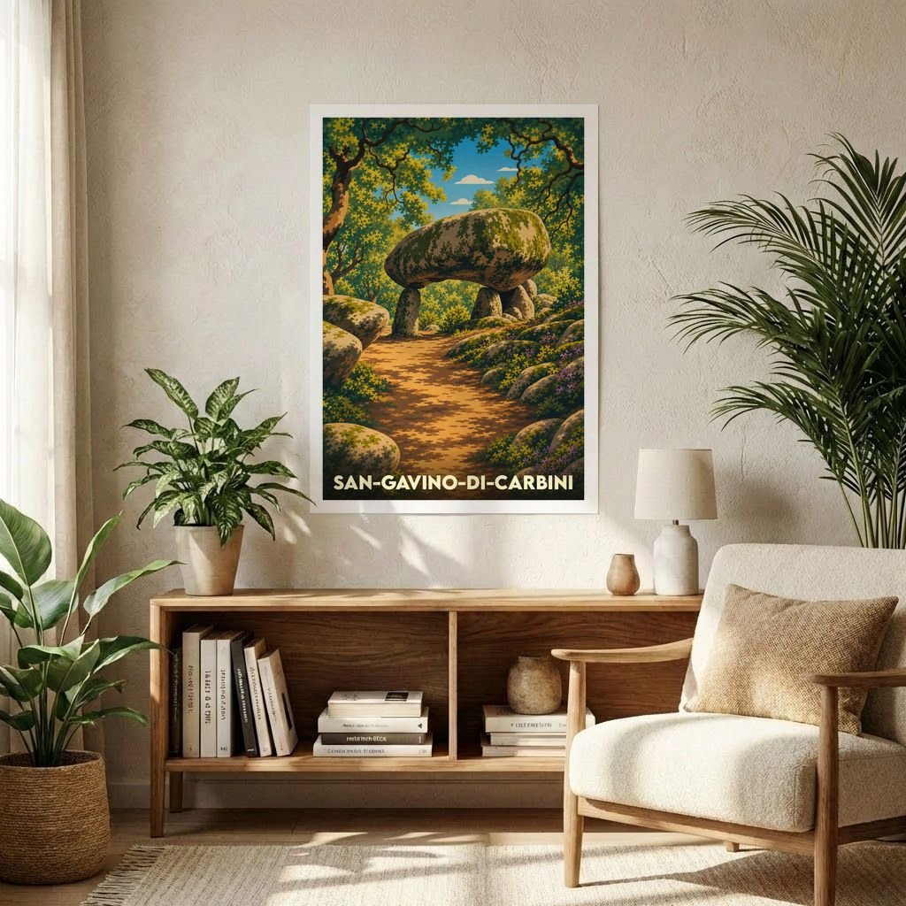 Affiche souvenir de la ville de San-Gavino-di-Carbini représentant une illustration stylisée d'un dolmen dans une forêt.