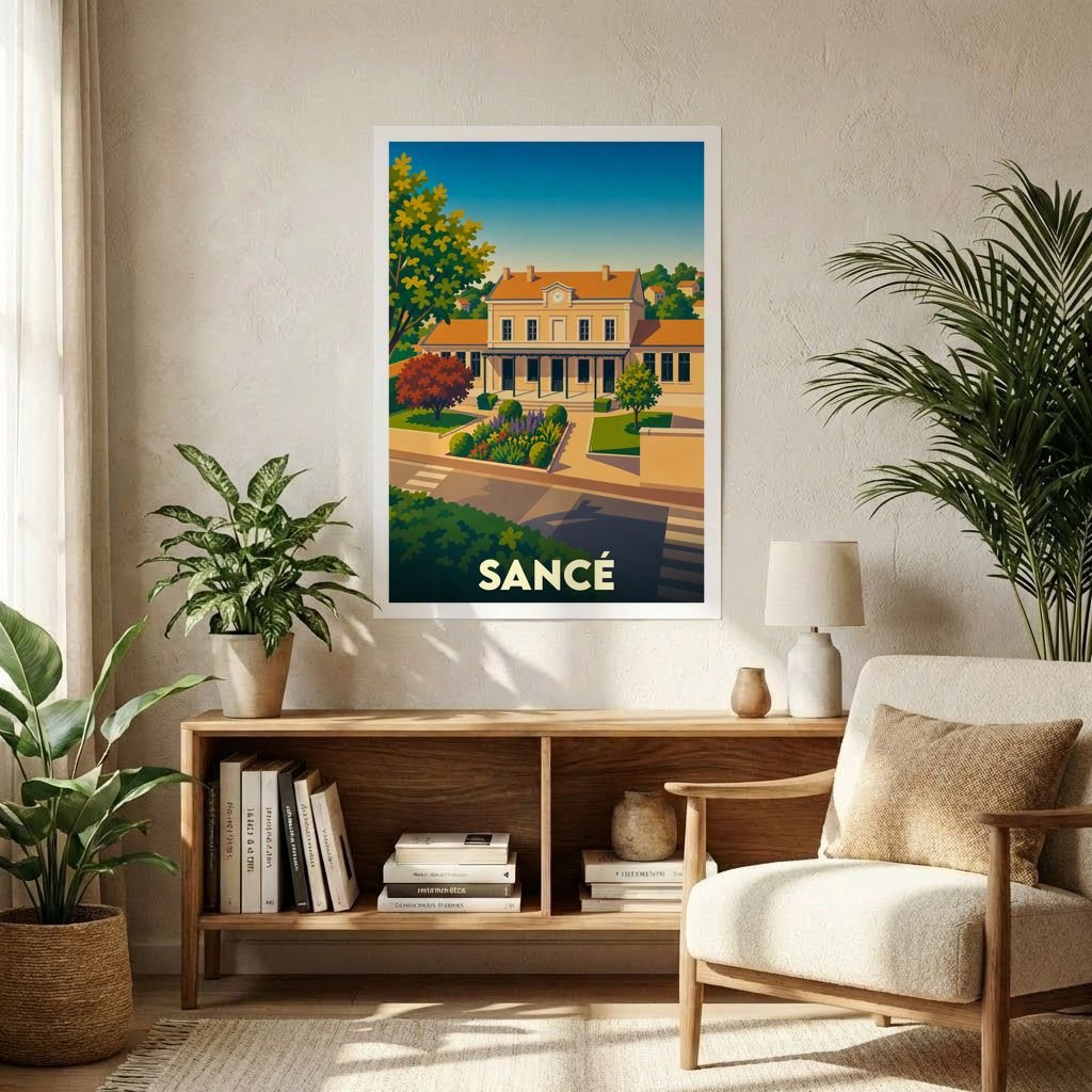 Affiche souvenir de la ville de Sancé avec une illustration stylisée et colorée de son architecture.