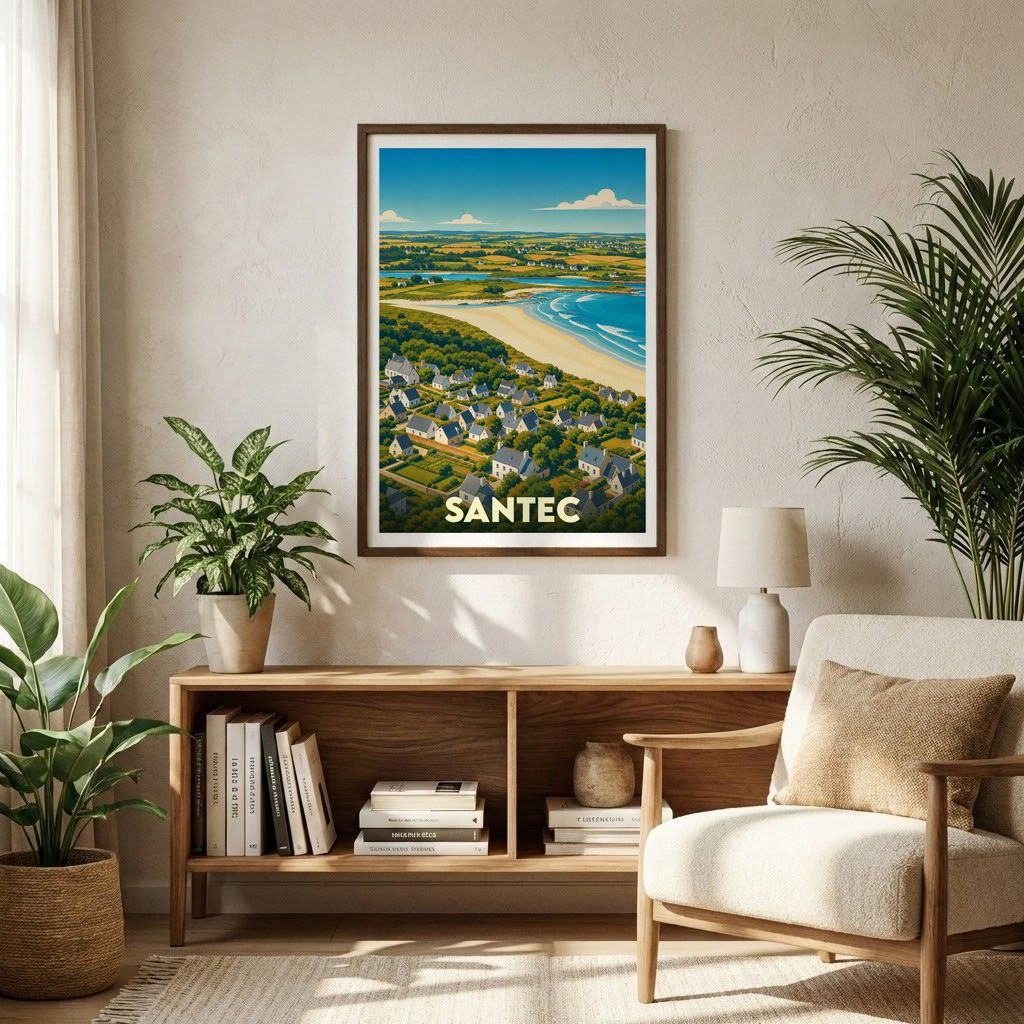 Affiche souvenir de la ville de Santec avec une illustration stylisée de sa côte et de ses maisons.