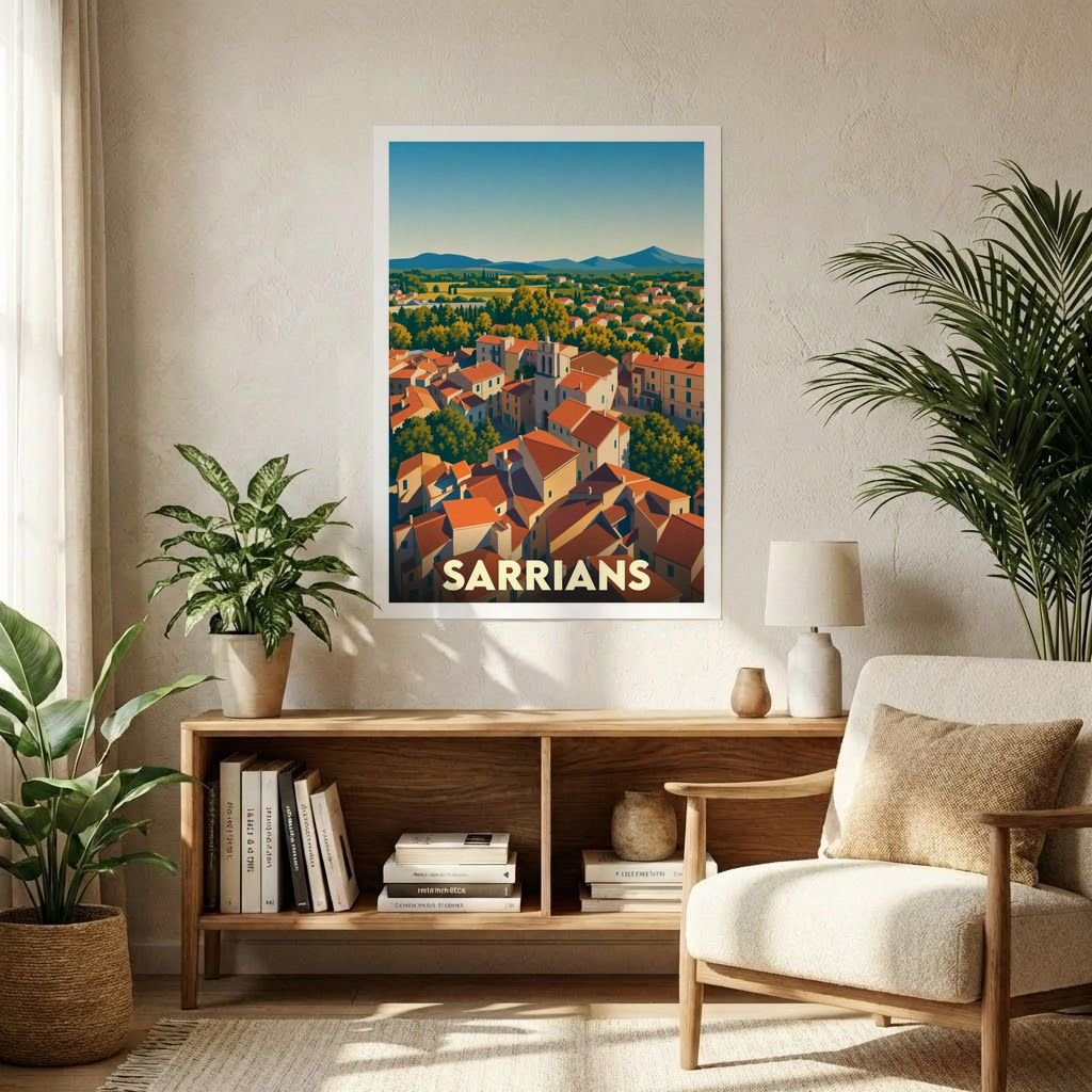 Affiche souvenir de la ville de Sarrians avec une illustration stylisée.