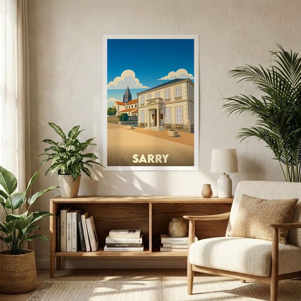 Affiche souvenir de la ville de Sarry présentant une illustration stylisée de son architecture sous un ciel bleu ensoleillé.