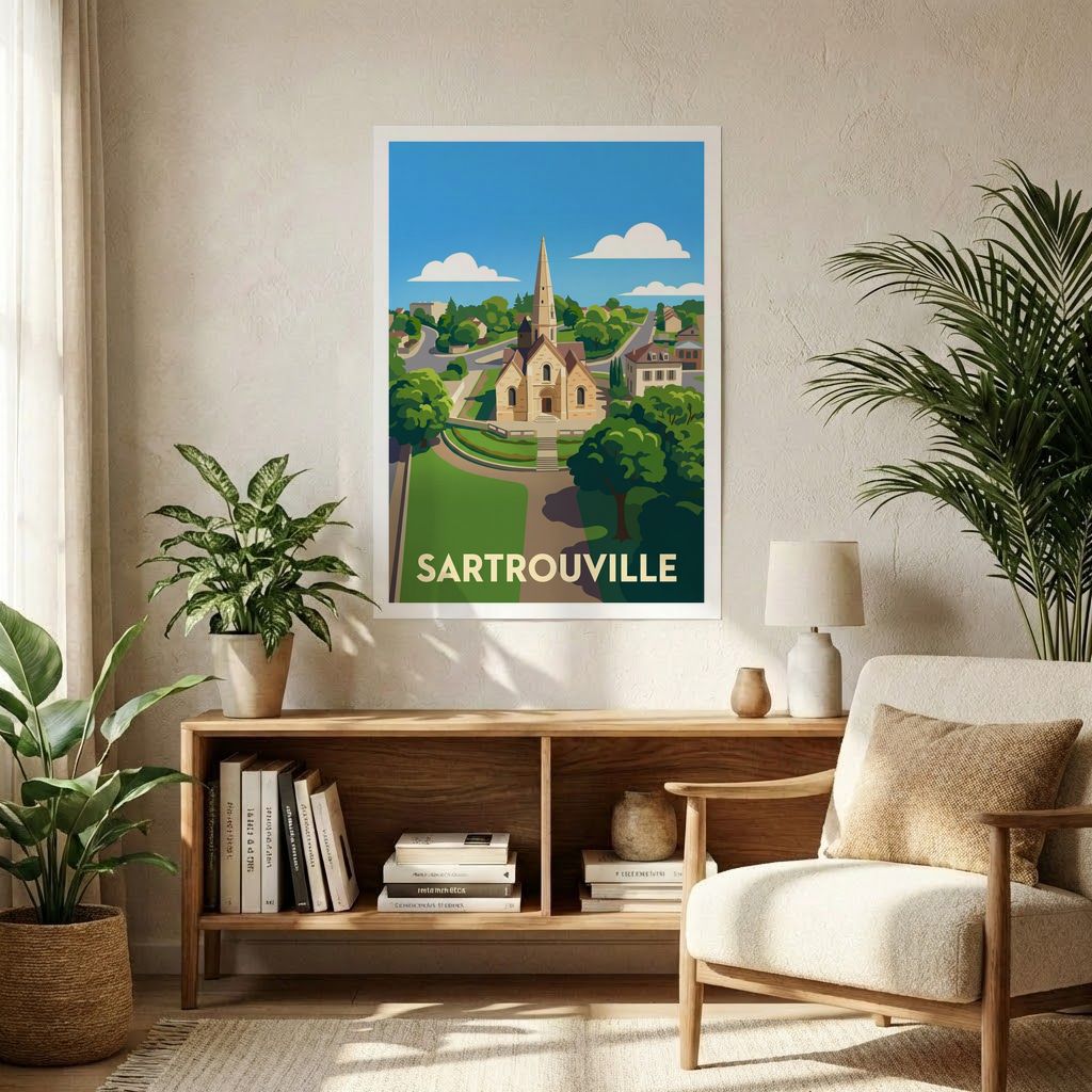 Affiche souvenir de la ville de Sartrouville avec une illustration stylisée de son paysage.