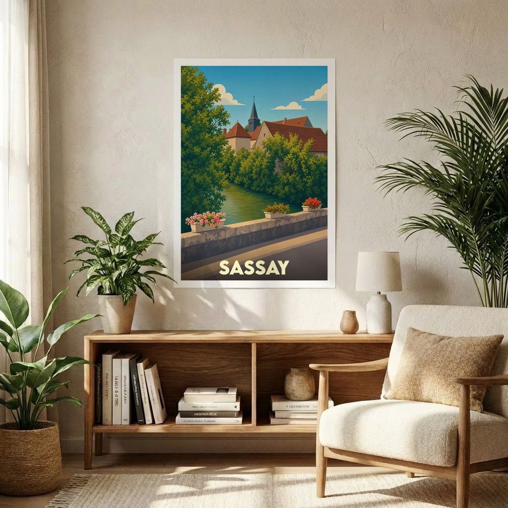 Affiche souvenir de la ville de Sassay avec une illustration stylisée.
