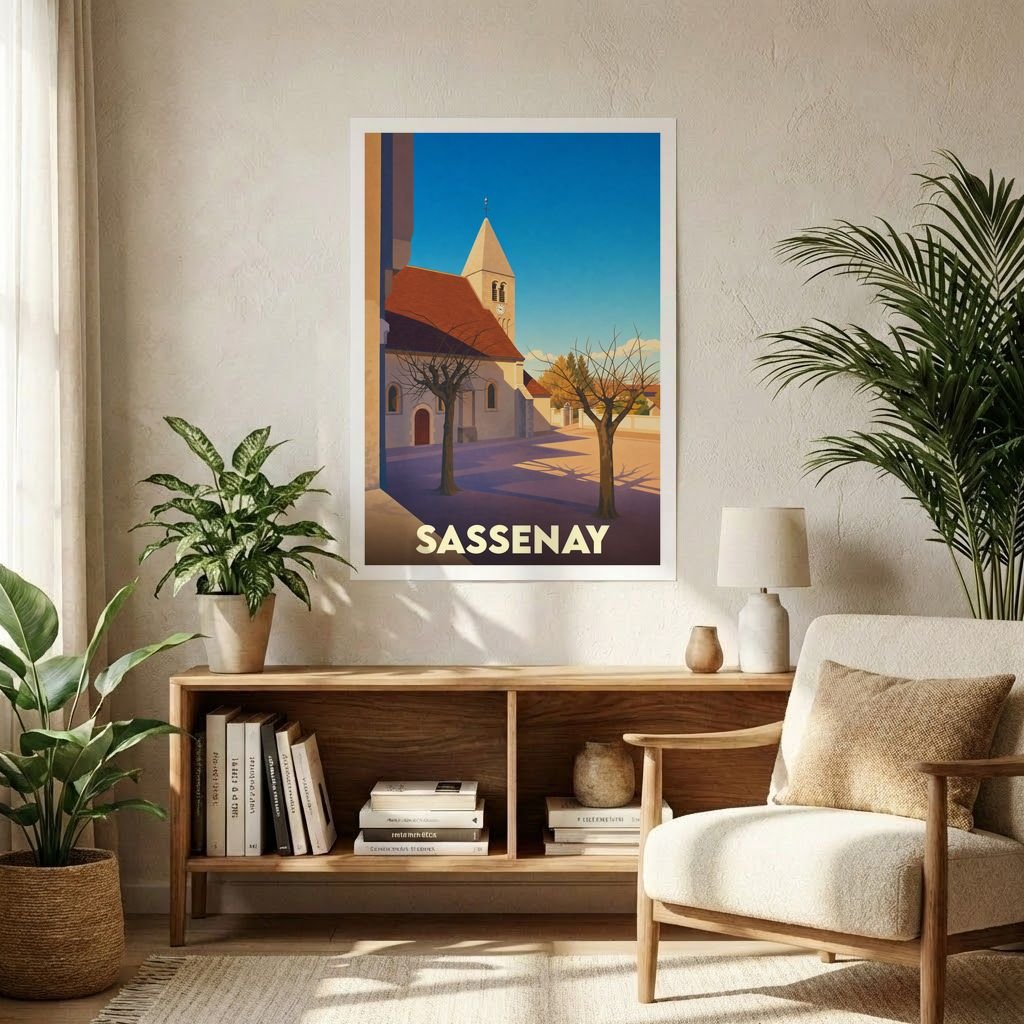 Affiche souvenir de la ville de Sassenay avec une illustration stylisée montrant son église sous un ciel bleu.