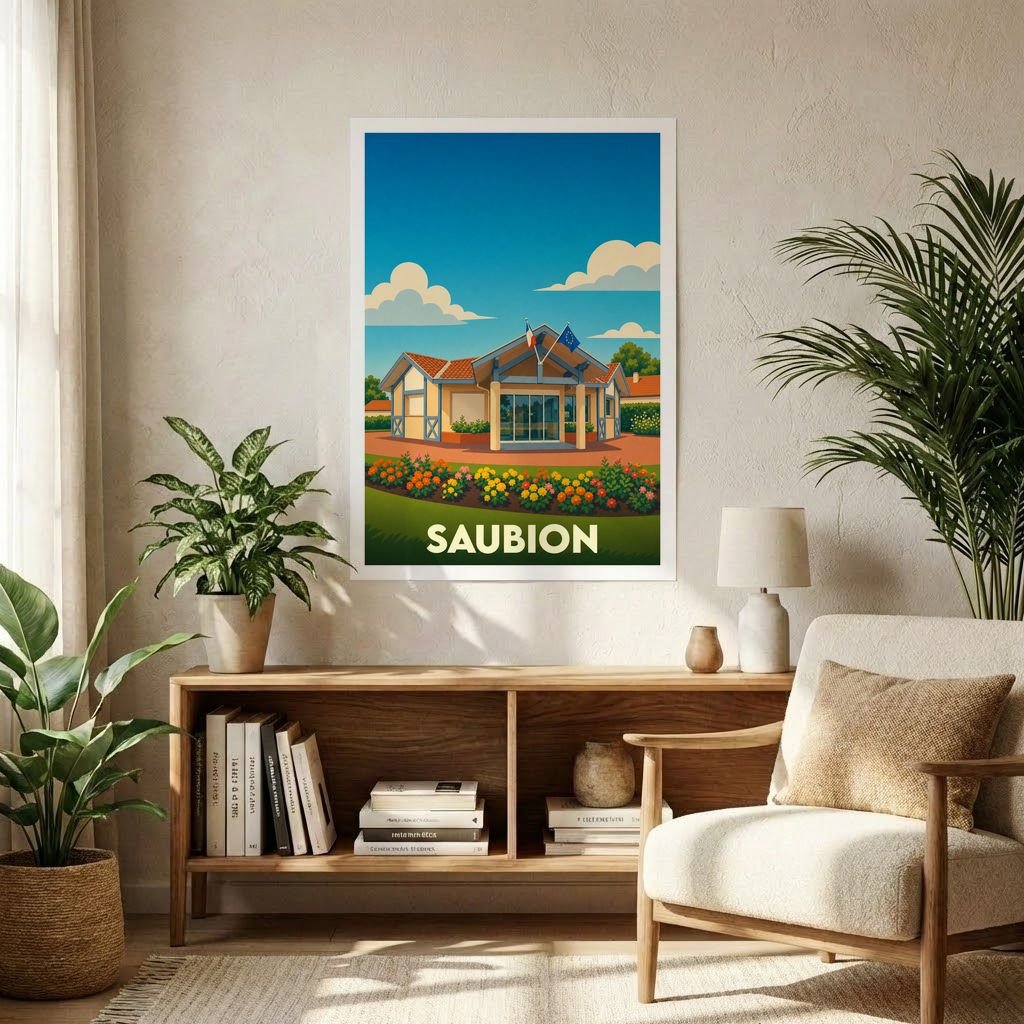 Affiche souvenir de la ville de Saubion avec une illustration stylisée.