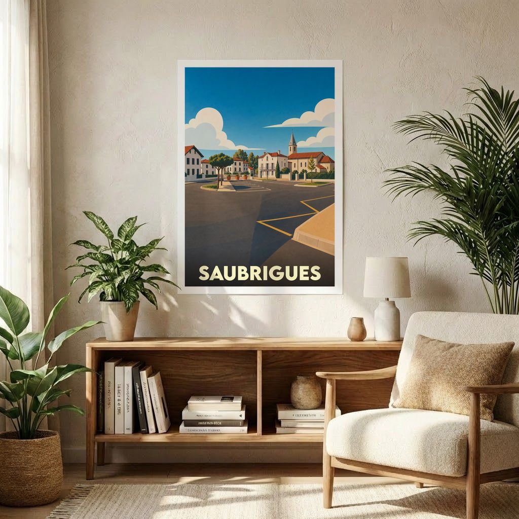 Affiche souvenir de la ville de Saubrigues avec une illustration stylisée et colorée.