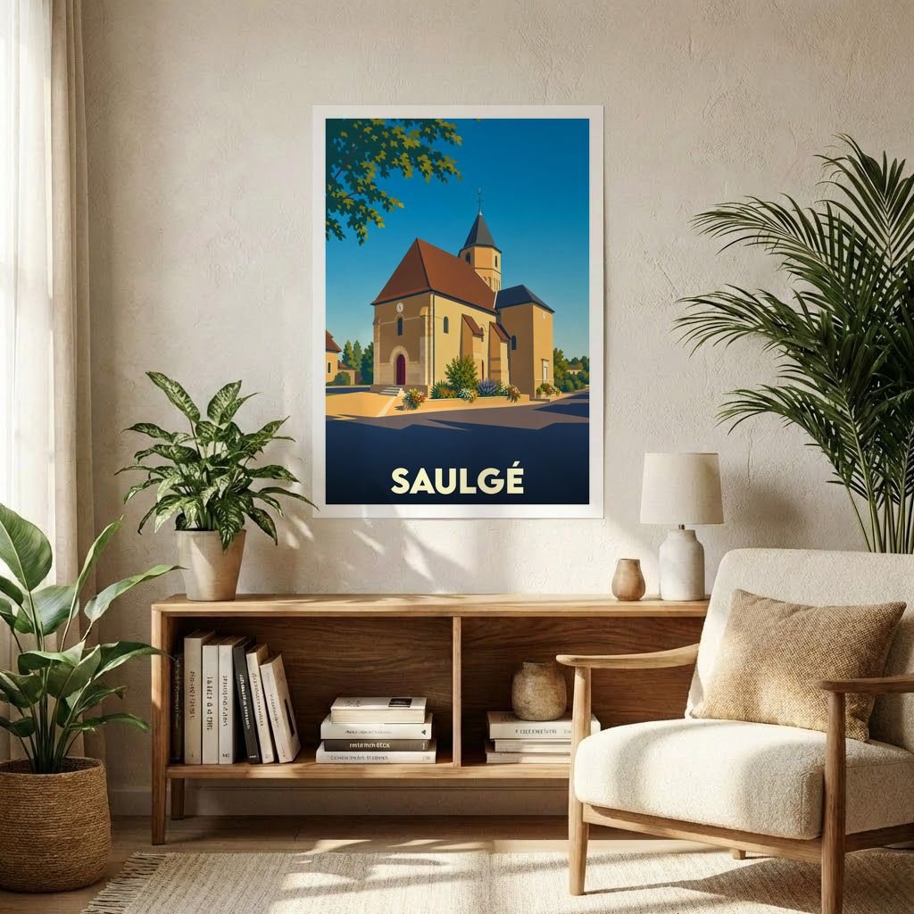 Affiche souvenir de la ville de Saulgé avec une illustration stylisée de son église sous un ciel bleu.