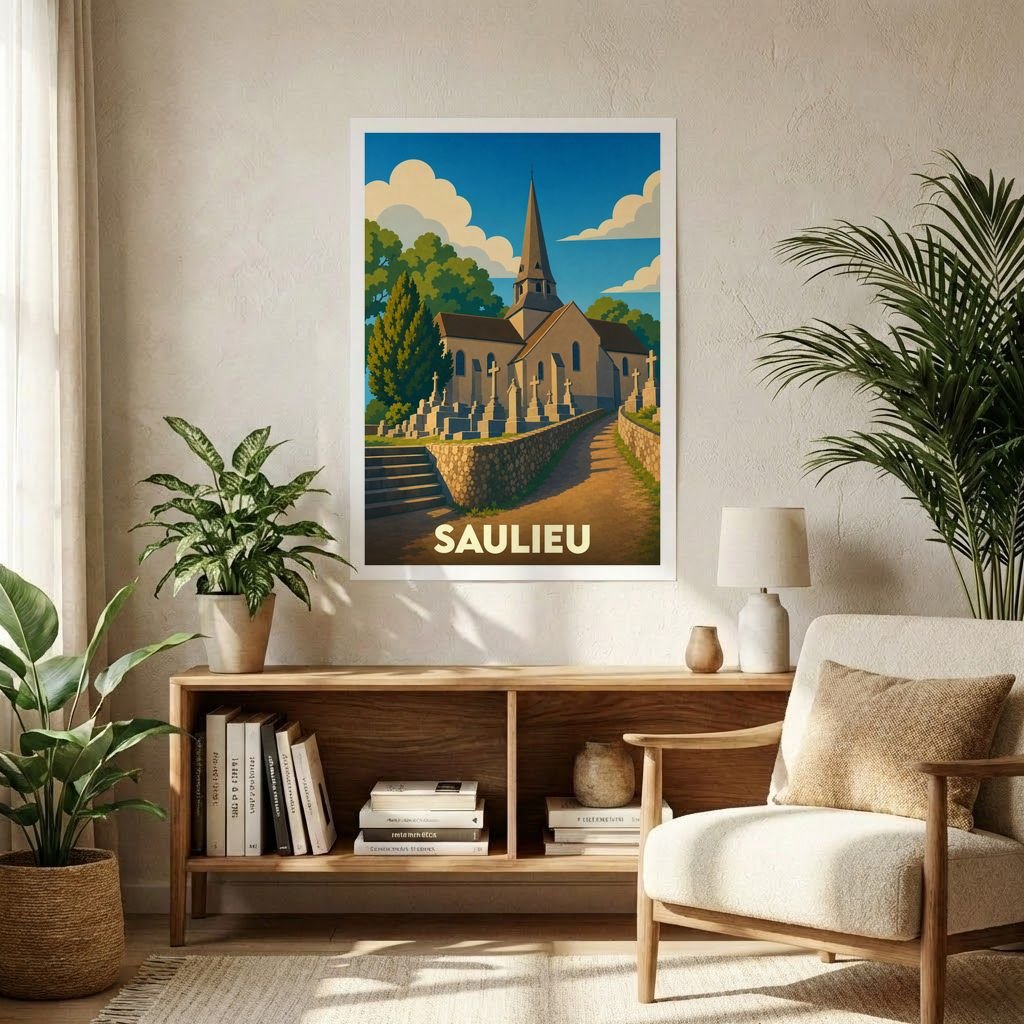 Affiche souvenir de la ville de Saulieu représentant une illustration stylisée de son église et de son cimetière.