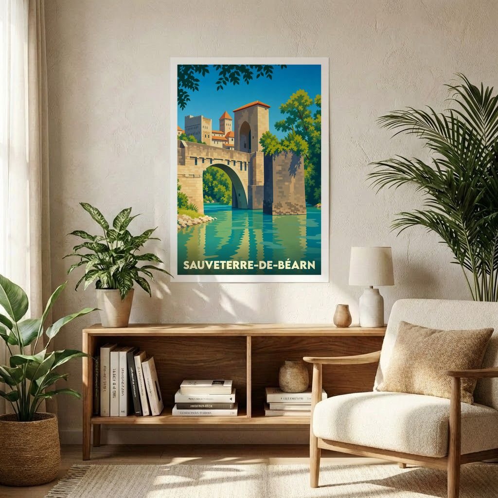 Affiche souvenir de la ville de Sauveterre-de-Béarn représentant une illustration stylisée du pont de la Légende.