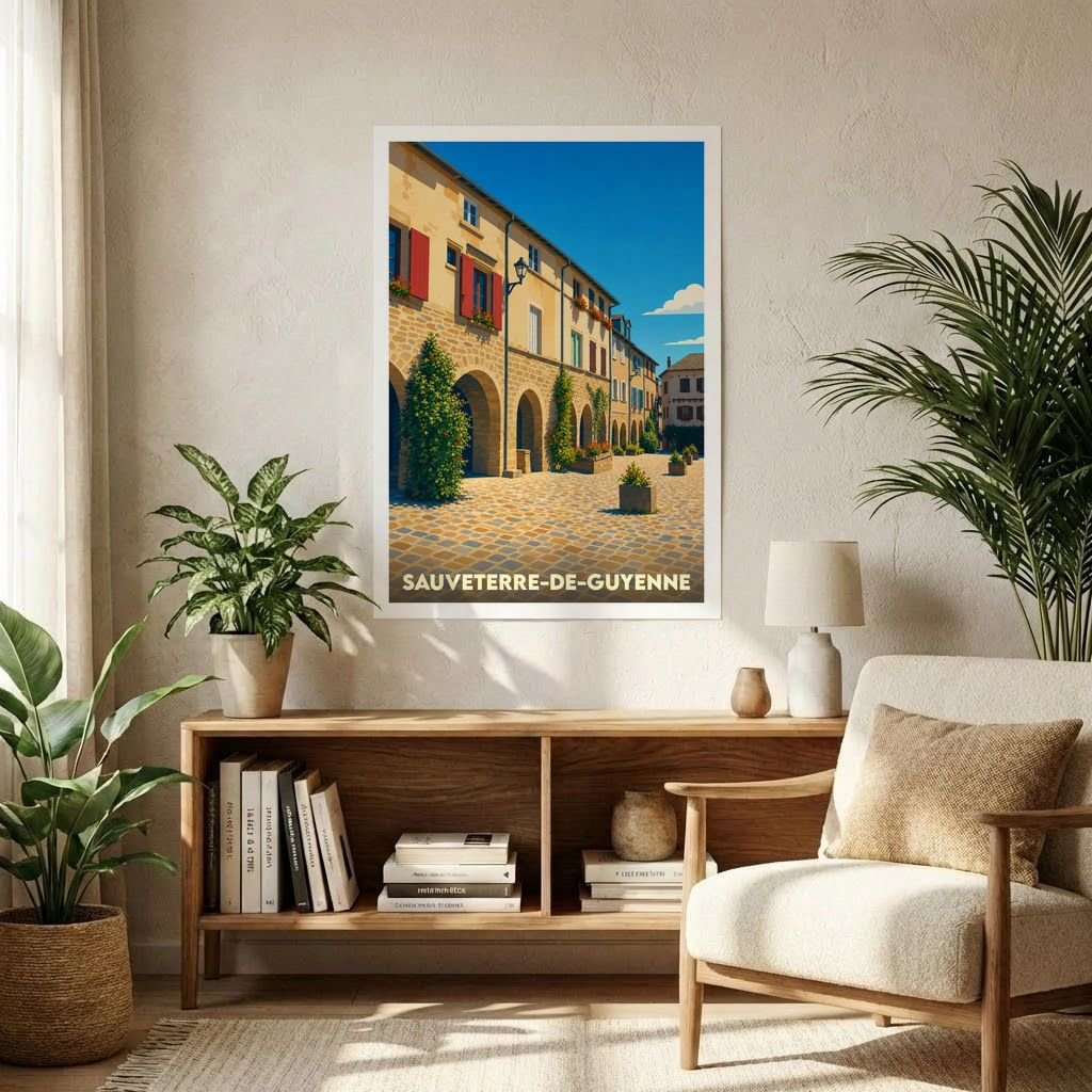 Affiche souvenir de la ville de Sauveterre-de-Guyenne avec une illustration stylisée de sa place à arcades.