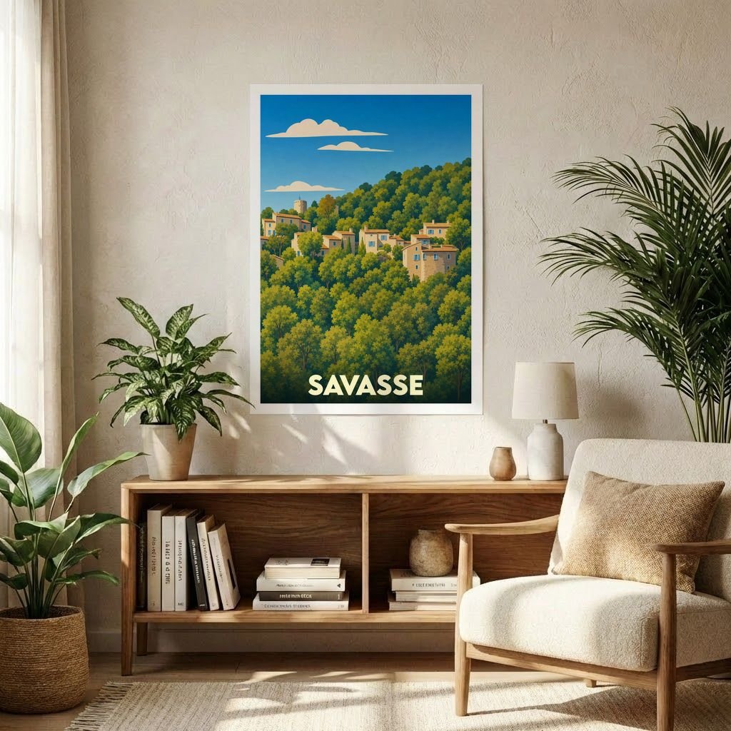 Affiche souvenir de la ville de Savasse illustrant des maisons nichées dans une colline boisée sous un ciel bleu.