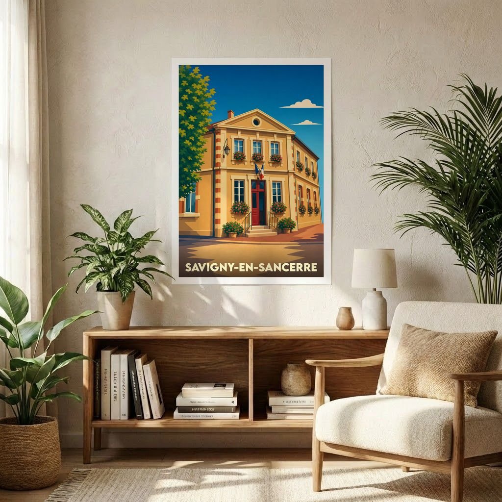 Affiche souvenir de la ville de Savigny-en-Sancerre avec une illustration stylisée d'un bâtiment typique.