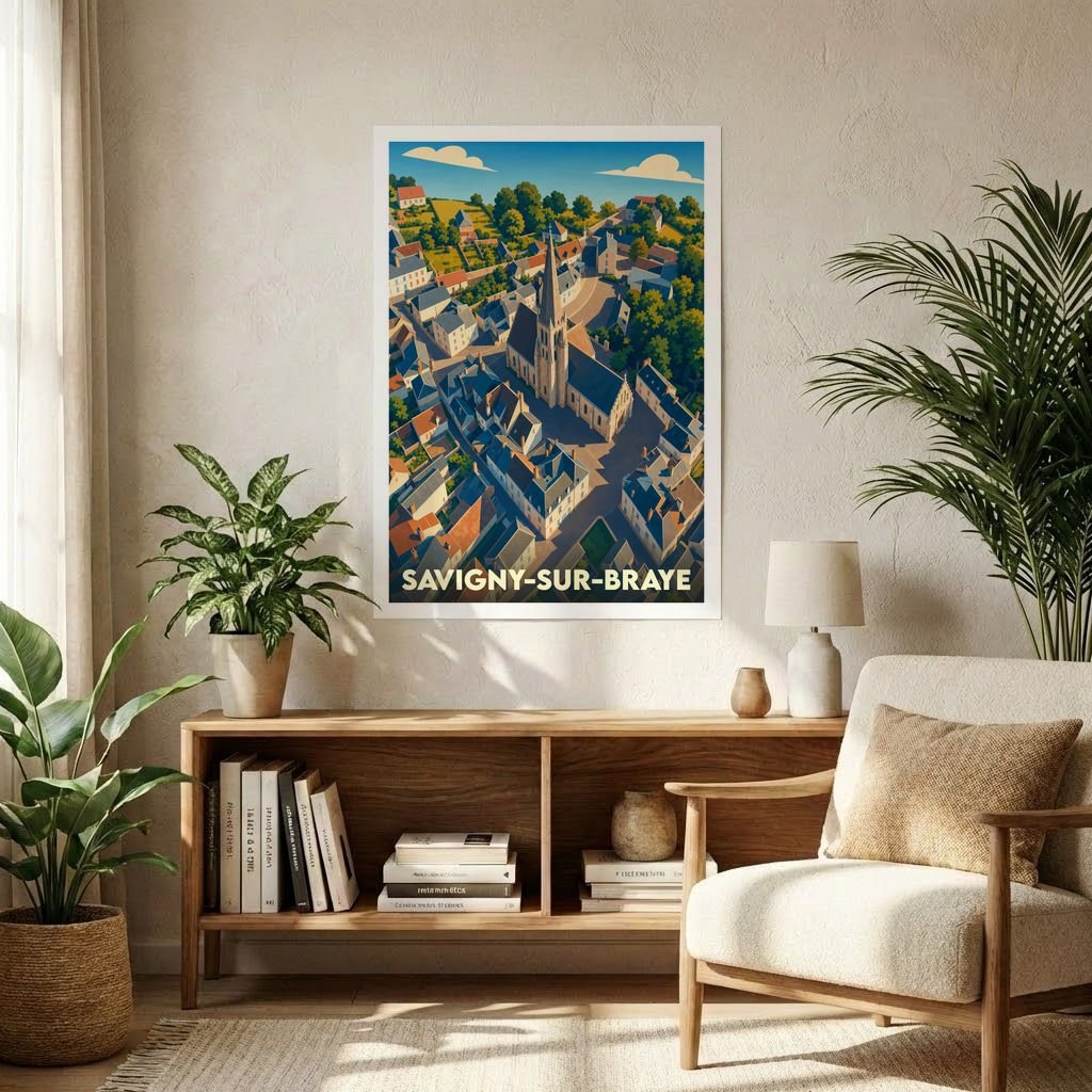 Affiche souvenir de la ville de Savigny-sur-Braye avec une illustration stylisée vue du ciel.