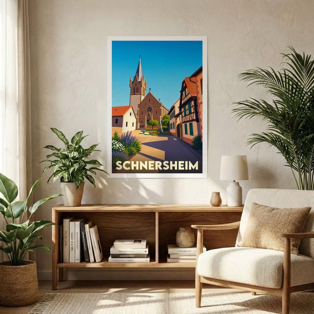 Affiche souvenir de la ville de Schnersheim avec une illustration stylisée.