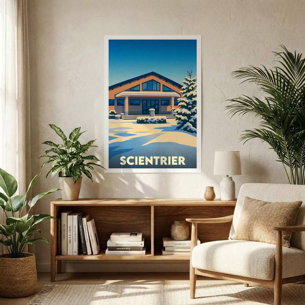 Affiche souvenir de la ville de Scientrier illustrant un paysage enneigé avec un bâtiment de montagne stylisé.