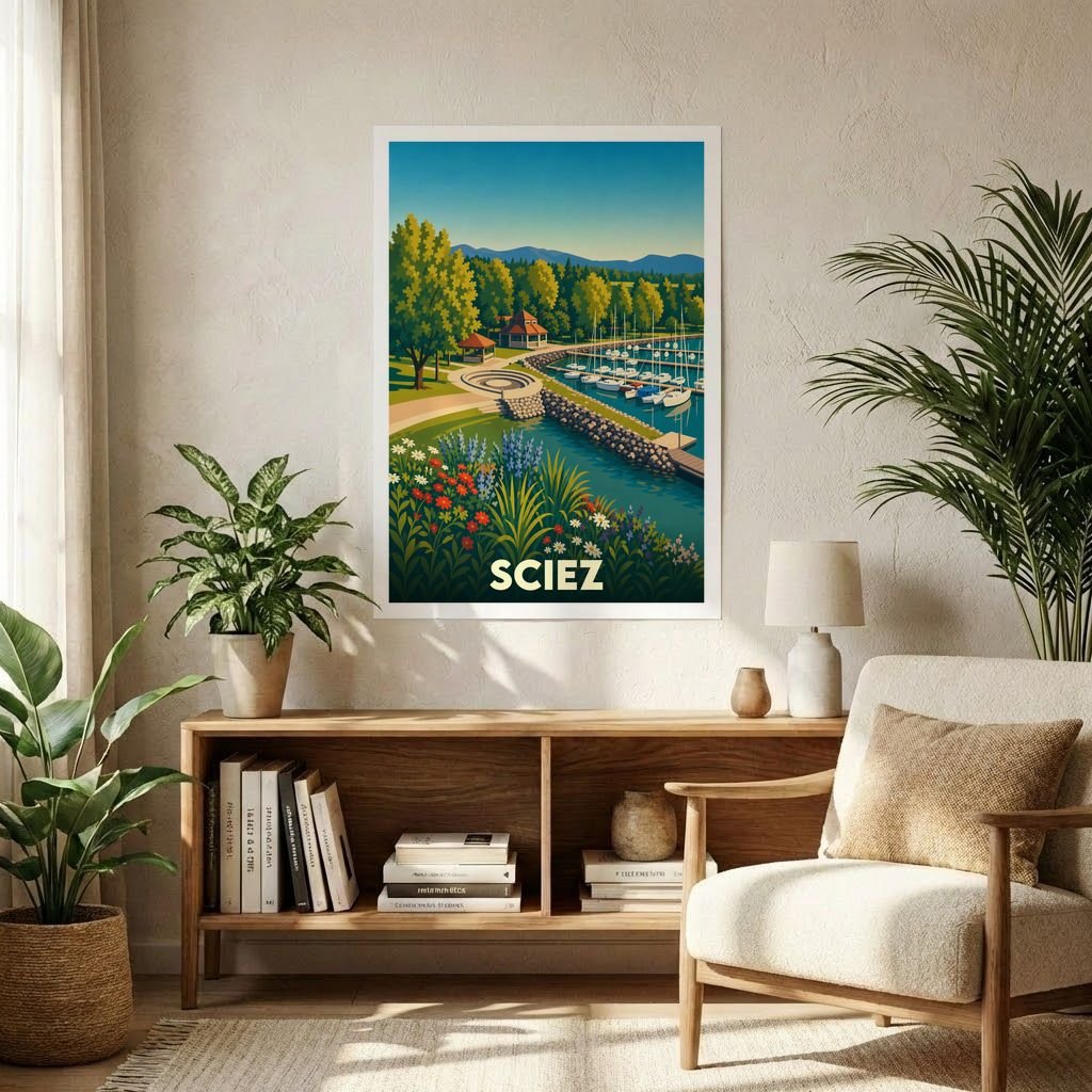 Affiche souvenir de la ville de Sciez avec une illustration stylisée de son port et de sa nature environnante.
