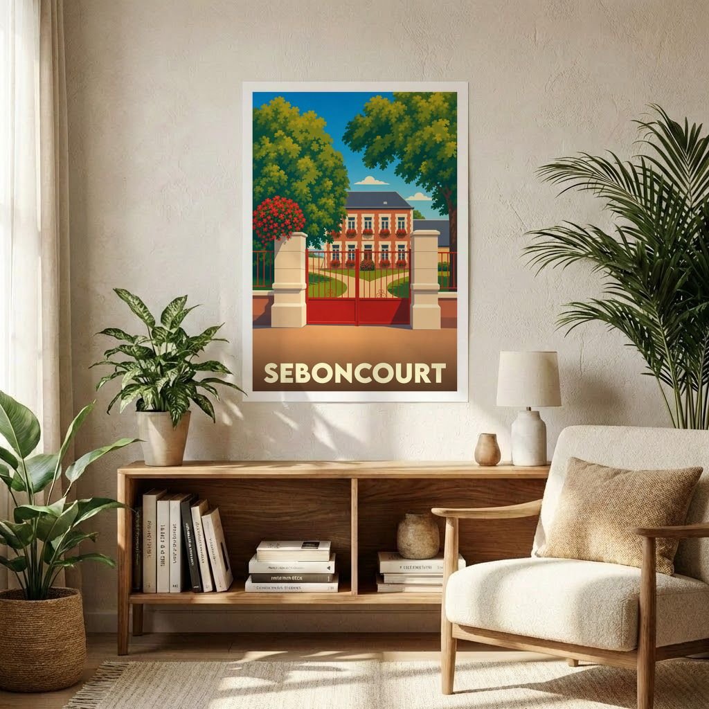 Affiche souvenir de la ville de Seboncourt illustrant une grande demeure derrière une grille rouge dans un style rétro.