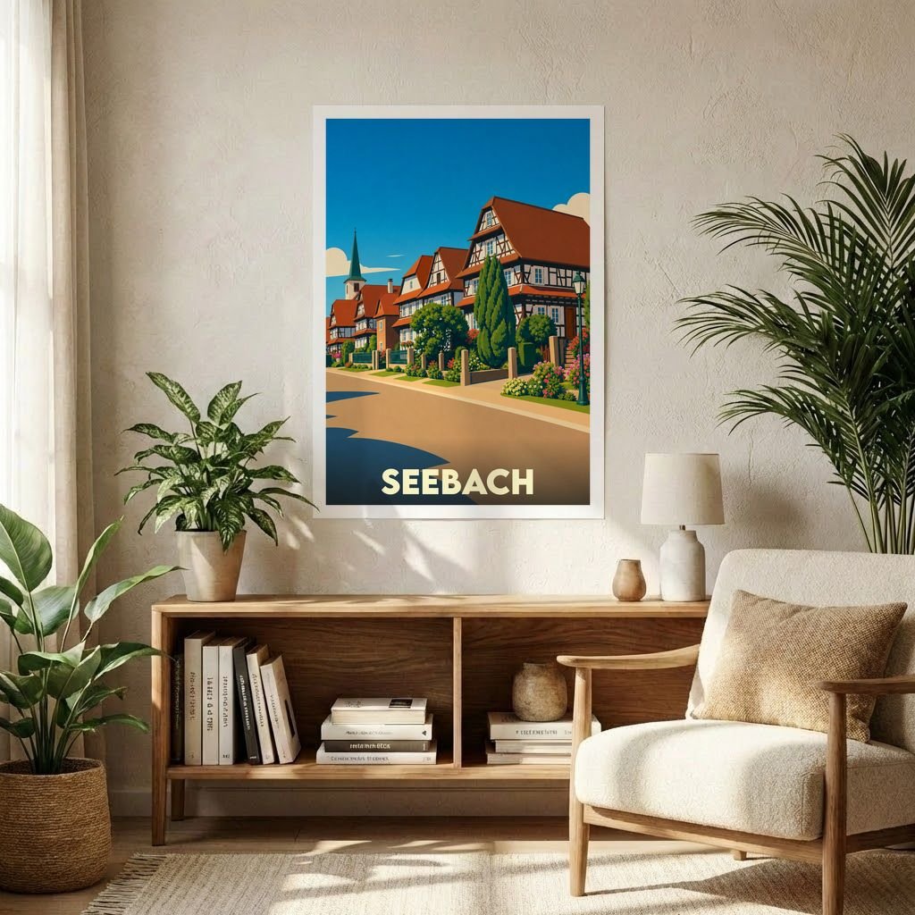 Affiche souvenir de la ville de Seebach illustrant une rue pittoresque avec des maisons à colombages dans un style rétro.