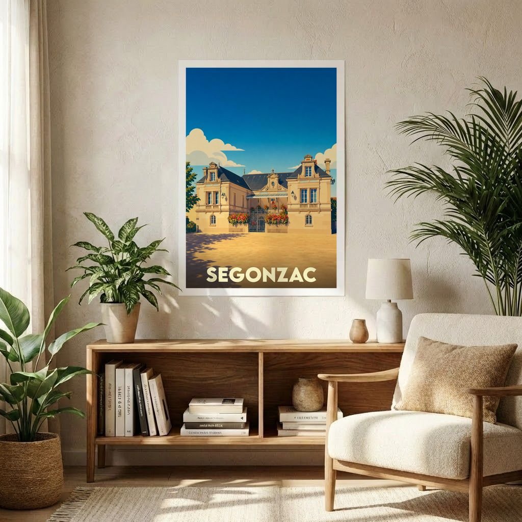 Affiche souvenir de la ville de Segonzac avec une illustration stylisée d'un bâtiment historique sous un ciel bleu.